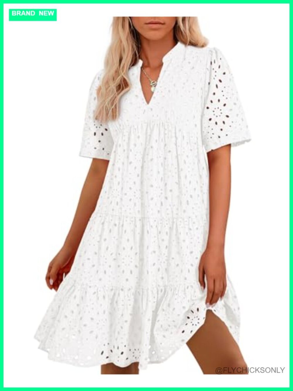 Boho Eyelet Mini Dress V-Neck Short Sleeve Flowy Tiered A-Line Summer Casual